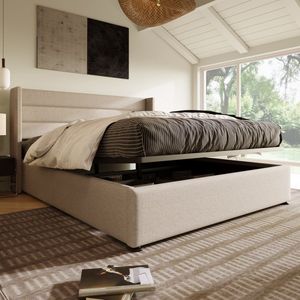 Opbergbed gestoffeerd bed hydraulisch tweepersoonsbed 140x200cm, houten lattenbodem, bed met metalen frame lattenbodem, linnen, beige