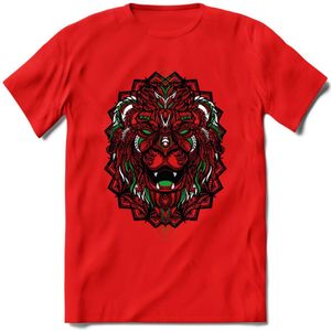 Leeuw - Dieren Mandala T-Shirt | Groen | Grappig Verjaardag Zentangle Dierenkop Cadeau Shirt | Dames - Heren - Unisex | Wildlife Tshirt Kleding Kado | - Rood - L