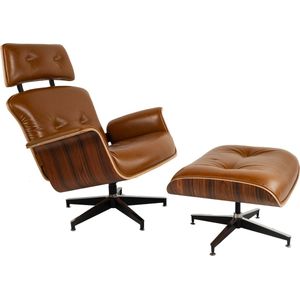 Meubi Lounge Chair + Hocker - Cognac Bruin - Palissander - Fauteuil - Relaxfauteuil - Stoel - Leer