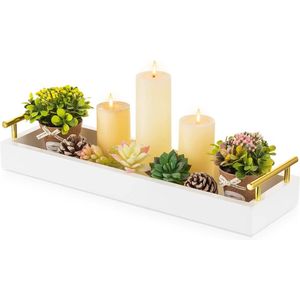 Rechthoekige lange smalle lade - witte decoratieve dienbladen voor woondecoratie - kandelaar trays - middelpunt lade met gouden handgrepen - voor eettafel koffiebar woonkamer wooden tray