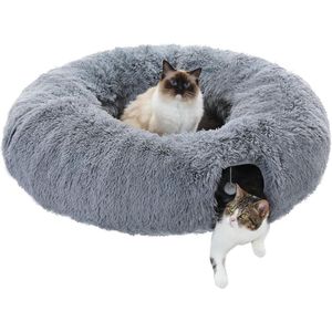 Pluchen kattentunnel 2-in-1 donutvorm- cirkelvormig kattenbed grijs huiskatten - PAWZ Road kattenren