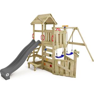 WICKEY speeltoestel klimtoestel GalleyFlyer met houten dak, schommel & antraciet glijbaan, outdoor klimtoren voor kinderen met zandbak, ladder & speel-accessoires voor de tuin