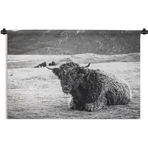 Wandkleed Schotse Hooglanders  - Schotse hooglander in het gras in zwart-wit Wandkleed katoen 150x100 cm - Wandtapijt met foto