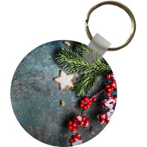 Sleutelhanger - Kerst - Rustiek - Takken - Steranijs - Bes - Rood - Plastic - Rond - Uitdeelcadeautjes