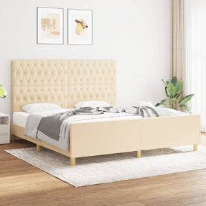 The Living Store Bedframe Crème - 203x186x118/128cm - Duurzaam - Verstelbaar hoofdeinde - Ondersteunende poten - Multiplex lattenbodem - Comfortabele ondersteuning - Matras niet inbegrepen