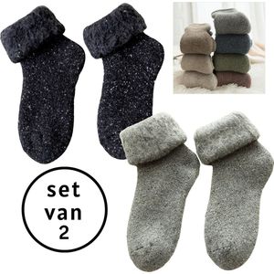 Warme winter sokken dames - set van 2 paar - maat 36-40 - wol - gevoerd - damessokken - huissokken - zwart - lichtgrijs - cadeautip