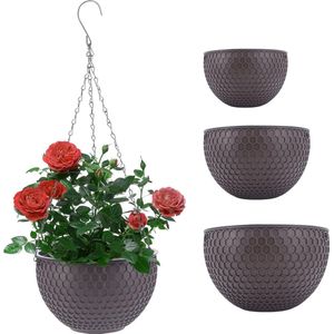 Hangende hangmand, hangende bloempot met roestvrij verstelbaar kettingafvoergat, set van 3 hangende manden, hangende plantenmanden, touwplantenhangers voor binnen, tuin, tuin (bruin)