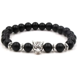 Armband Kralen Dames / Heren - Leopard bedel zilver zwart - Mannen / vrouwen kralenarmband - 8mm kralen - Chakra armband sieraden - Luipaard armband buddha - Luipaard print sieraad - Bandje 19 cm - Elastiek