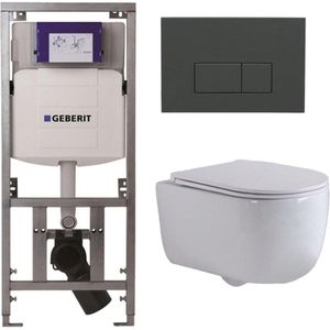 QeramiQ Dely Swirl Toiletset - 36.3x51.7cm - Geberit UP320 Burda inbouwreservoir - slimzitting - bedieningsplaat antraciet mat - rechthoekige knoppen - wit mat