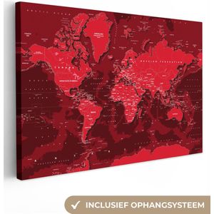 Canvas Wereldkaart - 140x90 - Wanddecoratie Wereldkaart - Stoer - Rood