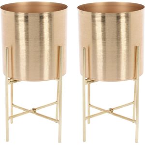 Set van 2x stuks luxe plantenpot/bloempot goud van 15 x 15 cm op een metalen standaard met een hoogte van 30 cm