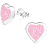 Oorbellen meisje | Kinderoorbellen meisje zilver | Zilveren oorstekers, roze hart met glitters en gladde rand | WeLoveSilver