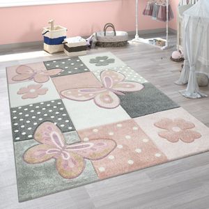 Paco Home Kindervloerkleed Kinderkamer Meerkleurig Roze Vlinders Ruitpatroon Stippen Bloemen 133 cm Quadrat