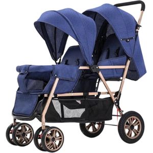 Rustive Tweeling Buggy - Duo Kinderwagen - Geschikt Voor Kinderen Van 0 t/m 3 Jaar - Opvouwbaar - Blauw / Goud - 72x42x97cm