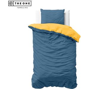 The One Bedding Dekbedovertrek Classic - 140 x 220 cm - Eenpersoons - 1 Kussensloop - Katoen/Satijn - Indigo blauw & Okergeel