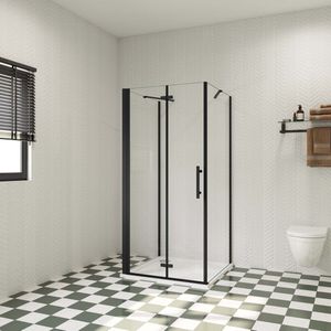76x70x195cm douchecabine, met inklapbare vouwdeur en twee vaste zijwanden, 6mm helder EasyClean veiligheidsglas,mat zwarte aluminium frame, stabilisatiestang 70-120 cmX2