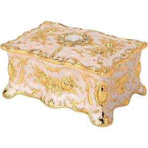 Vintage Metalen Sieradendoos - Kleine Trinket Opbergdoos - Rechthoekige Schatkist Doos - Decoratieve Doos voor Vrouwen Meisjes - Goud Wit