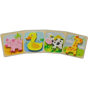 3D Puzzel Dieren - Set van 4 stuks – Kinderpuzzel - Varken, Giraffe, Eend en Koe