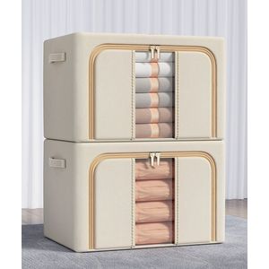 66L-2 Stuks opvouwbare opbergbox-66L-Grote opvouwbare opbergdoos van Oxford-stof met stalen frame - speelgoedopbergdoos - kledingopberger - grote opbergzakken en opbergdozen voor onder bed en kledingkast - Beige