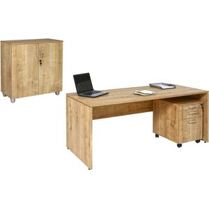 Furni24 Bureauset Nuvi saffier eiken decor, bestaande uit: bureau 180 cm, rolblok met 3 laden & archiefkast met deuren, verstelbare plank, 80 cm hoog