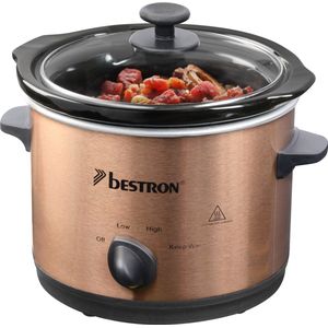 Bestron Slowcooker, met 3 programma's, keramische pan & glazen deksel, voor 2 Personen, 1.5L capaciteit, vatwasserveilig, 120 Watt, Copper Collection, kleur: Koper