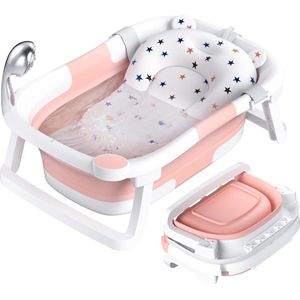 opvouwbaar babybadje, essentieel babybadaccessoire, draagbaar bad voor pasgeboren tot peuter met antislipmat en afvoergat. (geen thermometer) (roze + babybadmatje)