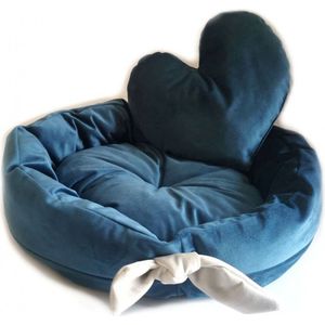 Handgemaakte luxe honden of kattenmand 45 x 45 cm donkerblauw - inclusief hartvormig kussen - hondenmand - mand - kleine hond - gemaakt van velvet