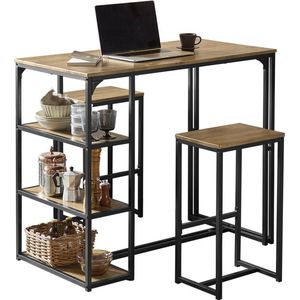 3-delige bartafelset - bartafel met 2 stoelen - eetset - MDF tafelblad met PVC - metalen frame - ruimtebesparende opbergplanken - ideaal voor keuken, eetkamer, tuin - 110 cm x 97 cm x 61 cm