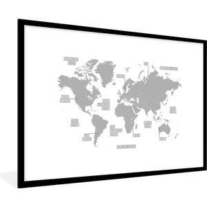 Fotolijst incl. Poster Zwart Wit- Licht grijze wereldkaart - zwart wit - 90x60 cm - Posterlijst