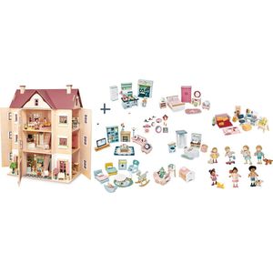 [H] Tender Leaf uniek houten poppenhuis Hall Fantail XXL 3 verdiepingen inclusief 7 nieuwe houten popjes - woonkamer en keuken/slaap/badkamer/kinderkamer/babykamer/studeer kamer meubels en accessoires - 40 x 72 x 90 cm Zeer Compleet