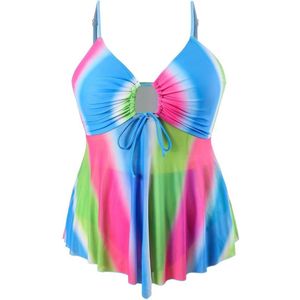 Sexy Tankini set - Doorschijnend Tanktop- Grote Maat Tie-dye Trekkoord V-hals Cami-top en slip- 2-delige Zwempak Badpak Bikini Zwemkleding Strandkleding 105- Lichtgroen Blauw- Maat XXL