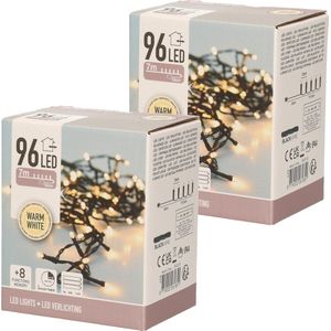 2x Kerst LED-verlichting met timer op batterij warm wit buiten - 96 lampjes - 7 m - Kerstboomverlichting