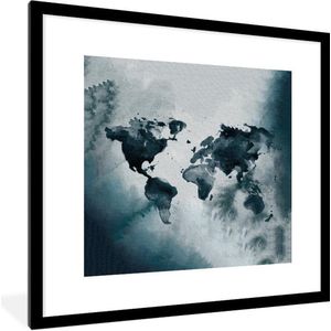 Fotolijst incl. Poster - Wereldkaart - Blauw - Waterverf - 40x40 cm - Posterlijst