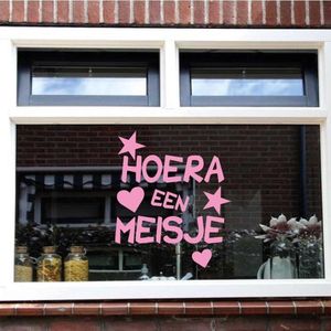 Raam Sticker Hoera Een Meisje - Zwart - 40 x 47 cm - raam en deur stickers - geboorte stickers