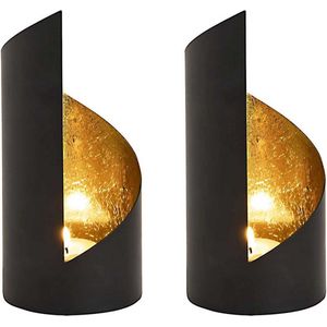 Set van 2 zwarte cilindervormige theelichthouders met goudmetaalfolie