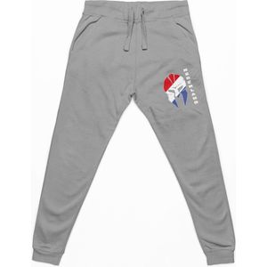 Just Hoods Tapered Track Pant Heather Grey voor Kids 3-4 Jaar met dutch helm bedrukking