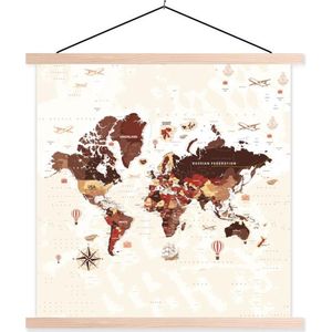 Posterhanger incl. Poster 90x90 cm - Schoolplaat - Wereldkaart - Bruin - Vliegtuig - Textielposter - Blanke latten