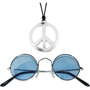 Hippie Flower Power sieraden set peace-sign ketting met groovy bril