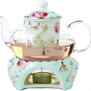 Equivera Theepot Met Warmhouder - Bone China en Glazen Koffiepot Theepot met Warmer en Thee Infuser - Blauw (Rozen- en Jurkpatroon)