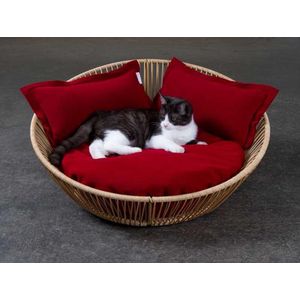 SIRO Saleen Exclusief design orthopedisch kattenbed van Pet-Interiors met de naam van je kat | mand bruin 70 cm fleece rood