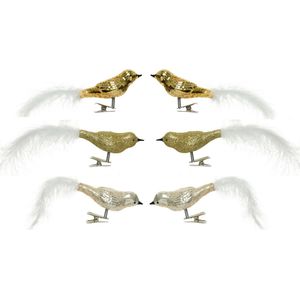 6x stuks glazen decoratie vogels op clip champagne/goud 8 cm - Decoratievogeltjes - Kerstboomversiering