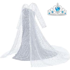 Elsa jurk IJskoningin Deluxe met lange sleep 134-140 (150) + kroon Prinsessen jurk verkleedkleding