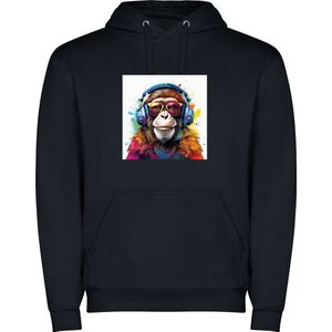 Donker Blauwe unisex hoodie met “ Kleurrijke Aap met Koptelefoon“ Print Full Color merk Roly maat 104 3/4 jaar