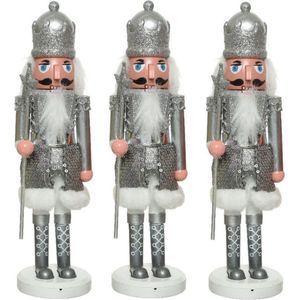 3x stuks kerstbeeldje kunststof notenkraker poppetjes/soldaten zilver 28 cm kerstbeeldjes - Kerstversiering/woondecoratie