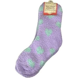 Super Soft huissokken HEART - Warme fluffy sokken - Paars / Groen - Maat 41 - 42 - 2 paar