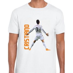 CR7 Uniseks T-Shirt - wit text oranje - Maat XXL - Korte mouwen - Ronde hals - Normale pasvorm - Cristiano ronaldo - Voetbal - Voor mannen & vrouwen - Kado - Veldman prints & packaging