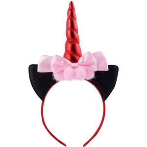 Eenhoorn diadeem unicorn rood zwart haarband zilver met oortjes en strik - rode hoorn Minnie Mouse - lichtroze strikje festival