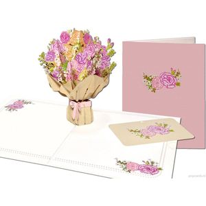 Popcards popupkaarten – Grote pop-up kaart met een Bos Gele en Roze Rozen Bloemen Wenskaart 3D-kaart