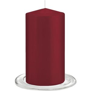 Trend Candles - Stompkaarsen met glazen onderzetters set van 2x stuks bordeaux rood 8 x 15 cm