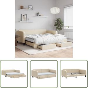 The Living Store Slaapbank met onderschuifbed en lades 100x200 cm stof crème - Slaapbank - Sofa Bed - 2-in-1 Bank - Lounge Meubels - Creme Kleurtje